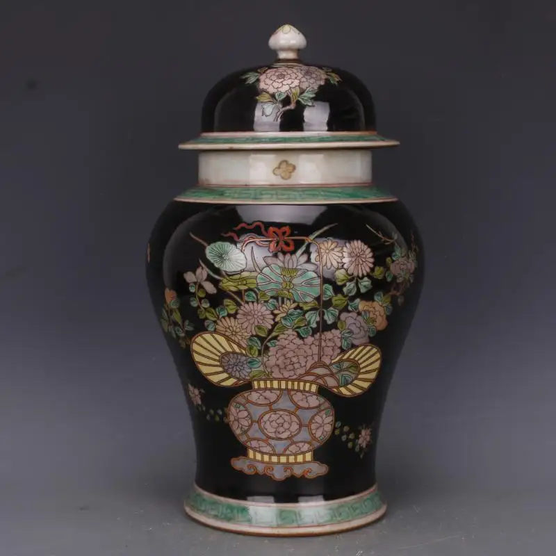 Qing Dynasty Kangxi Black Ground Pastel Antique Pattern Ginger Pot Antique Porcelain temple jar for Collection