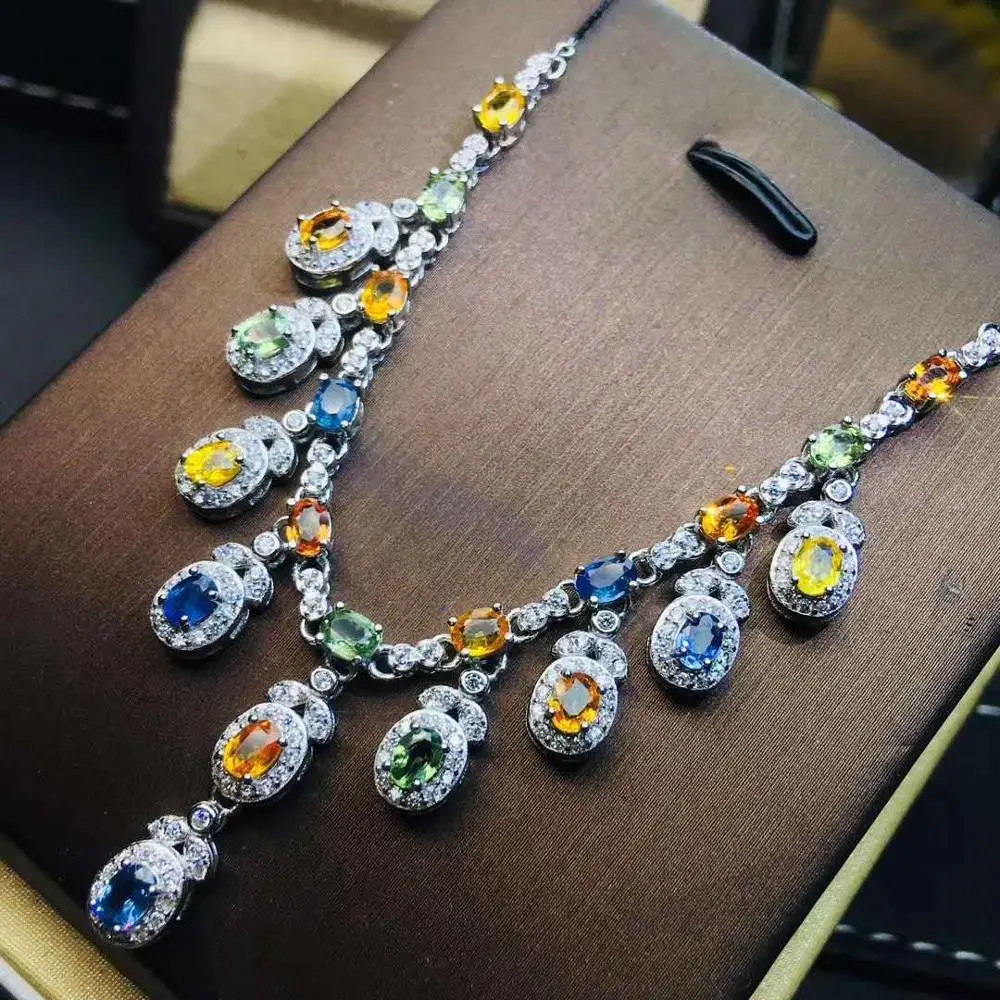 

Colorful Natural Real Sapphire Necklace Pendant Solid S925 Sterling Silver For Women