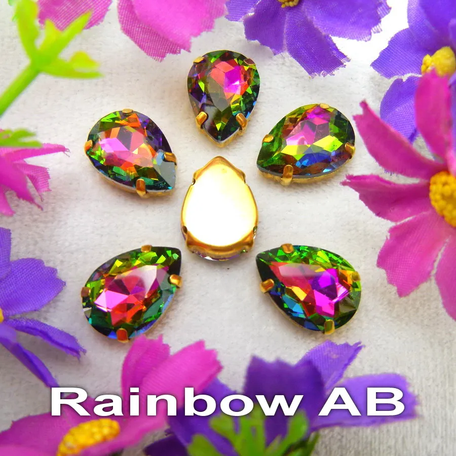 AB Colors 7 Größen Goldene Krallenfassungen Tropfenförmige Glas-Kristall-Applikationen zum Aufnähen, Strass-Perlen, Kleidungsapplikationen, DIY-Verzierung – Detail 11