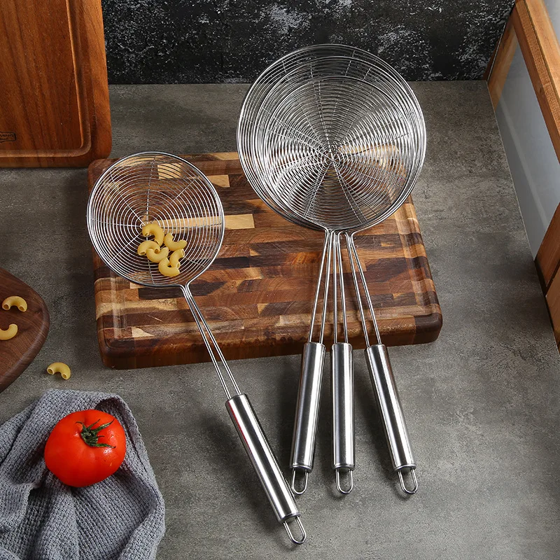 4-Size Stainless Steel Colander Mesh Strainer Oil Frying Spoon Round Net Filter Scoop Noodles Dumpling Sieve Kitchenware Tools