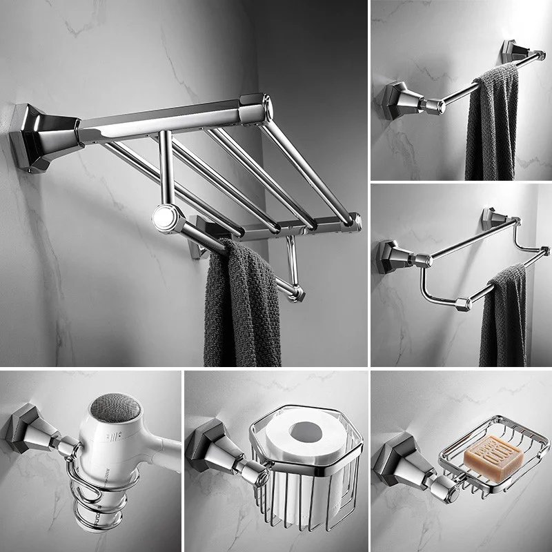 Chrome Bathroom Hardware Accessory Serie Soild Brass Towel Rack Paper/Toilet Brush/Cup/Hair Drier Holder Corner Shelf Soap Dish