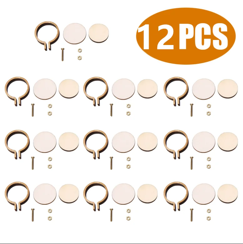 12pcs/set Wooden Mini Embroidery Hoop Ring Cross Stitch Frame Handmade Pendant Crafts Embroidery Circle Sewing Kit