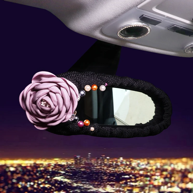 Mesh Pearl Flower Car Interior Decoration Accessories Set Headrest Pillow Steering Wheel Cover Gear Handbrake Cover Seat Cushion