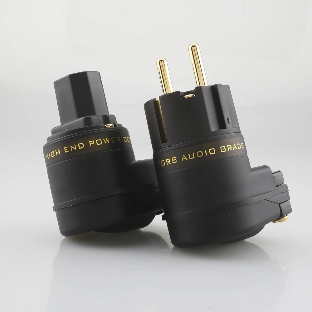 Audiocrast Gold/Rhodium Plated US/EU SCHUKO Mains Right Angle Male Plug to IEC C13 Female Socket HIFI Power Connector