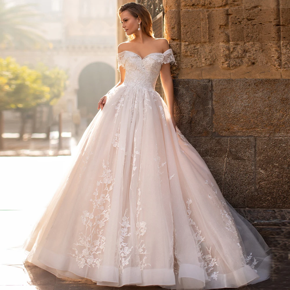 ADLN-vestido de Novia de encaje de lujo, vestido de novia con corsé y hombros descubiertos, hecho a medida, con tren de barrido