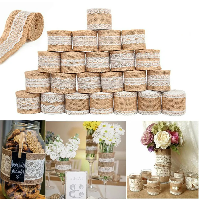 Lunghezza 2m tela di lino naturale Gadget di iuta forniture per feste per eventi tovaglia da tavola tovaglia da tavola in pizzo di natale Runner 5cm
