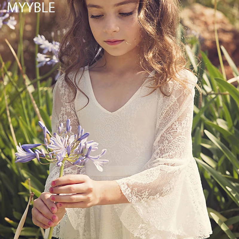 2020 myyble nova chegada branco macio doce criança vestidos da menina flor renda malha vestidos de noite para casamento comunhão vestidos