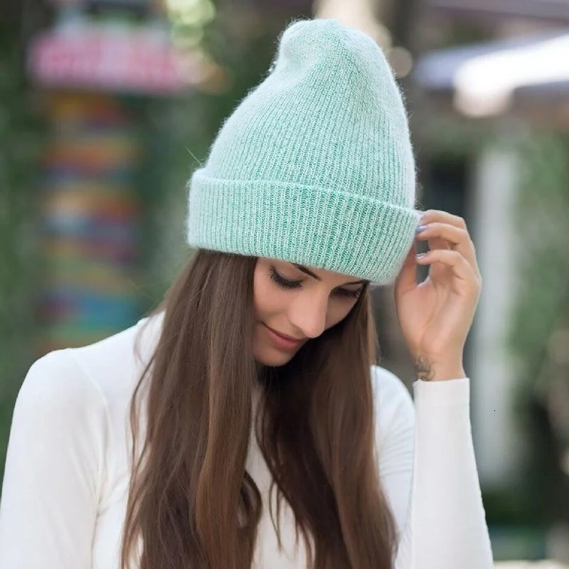 2022 simple Rabbit fur Beanie Hat for Women Girl Winter Skullies Warm wool Cap Gorros Female Cap