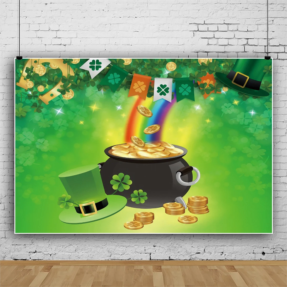 Yeele St.Patrick's Day Green Hat Shamrocks Photocall Jar Gold Coins Photography Backdrop Background For Photo Studio