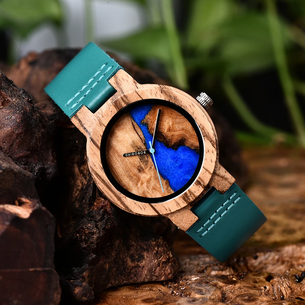 Delicate Quartz Couple Watches Thuja Wood with Blue Resin Wristwatch Men Ladies Timepieces Collection Personalized Gift BOBOBIRD