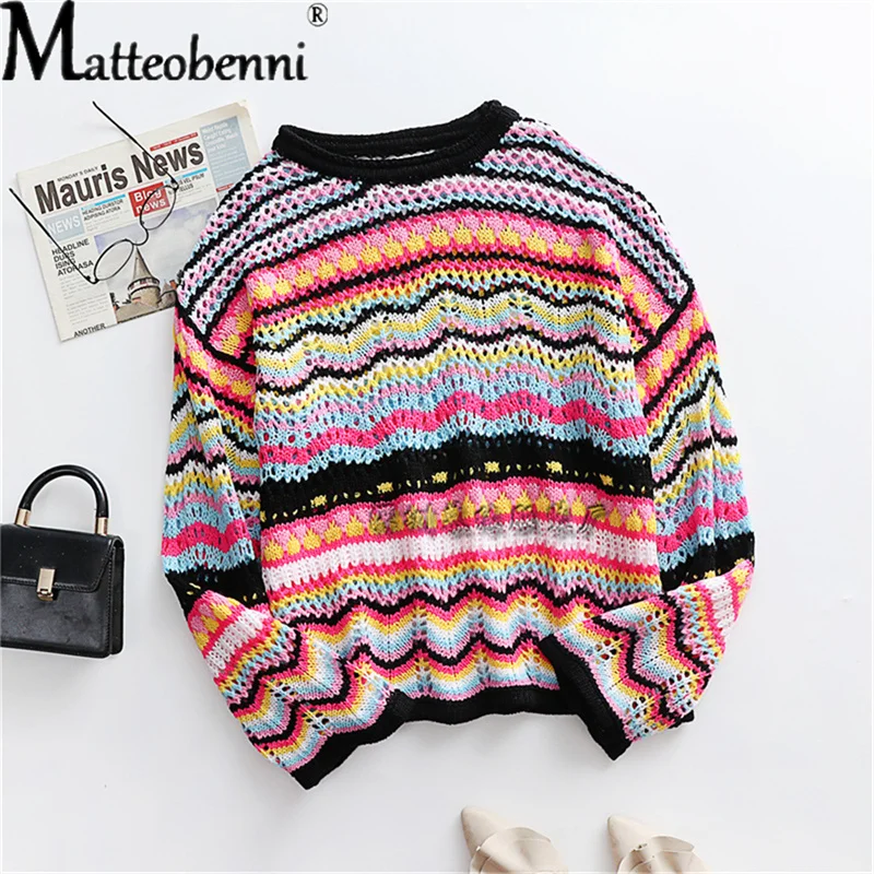 2021 Autumn Winter Women Patchwork loose Inter-Color Rainbow O Neck Striped Print Sweater Ladies Fashion Casual knitting Sweater