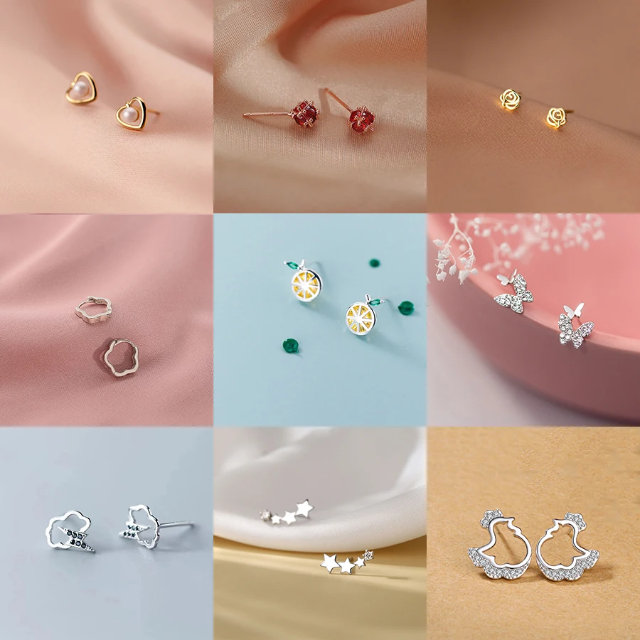 Small Animal Cute Fish Chick Stud 925 Silver Needle Earrings For Girls Jewelry Gift For Women Sweet Flower Heart S925 Needle