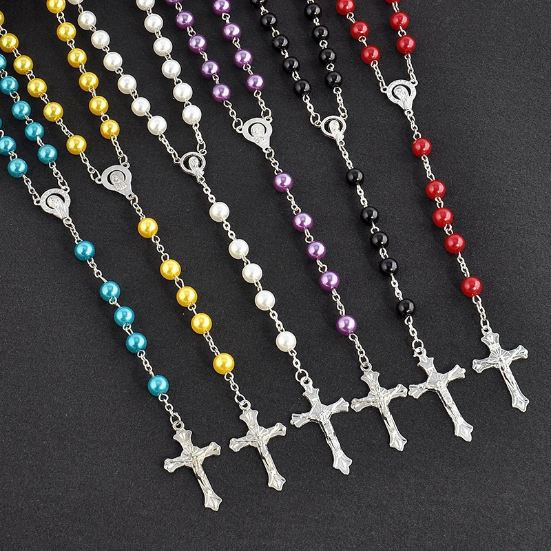 New Fashion Handmade Round Glass Bead Catholic Rosary Quality Bead Cross Necklace Beads Cross Religious Pendants Necklace