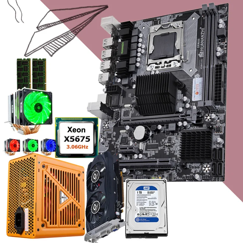 

Комплект материнской платы HUANANZHI X58 с ЦП Intel Xeon X5675 3,06 ГГц с кулером ОЗУ 32 Гб (2*16 Гб) 500 Вт PSU GPU GTX750Ti 2GD5 1ТБ HDD