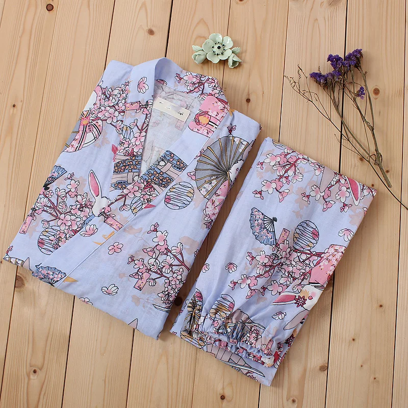 Japanese Tradition Style Wish Rabbit Print Pajamas Pants Set Women's Sleep & Lounge Kimono Yukata Bathrobe Sweat Steam Wear