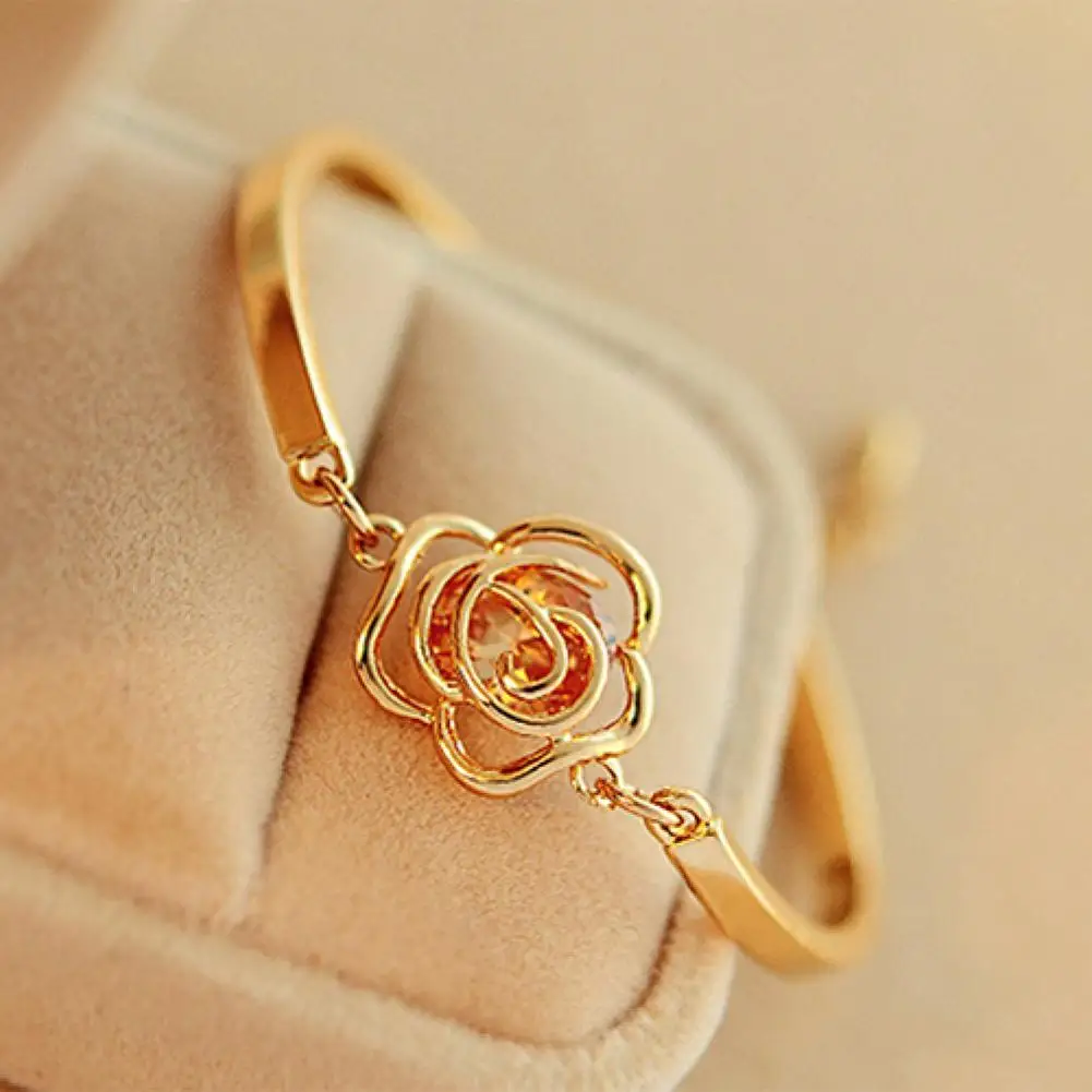 Women Golden Flower Crystal Rose Bangle Cuff Chain Bracelet Chic Jewelry Present Jewelry Girls Party Gift