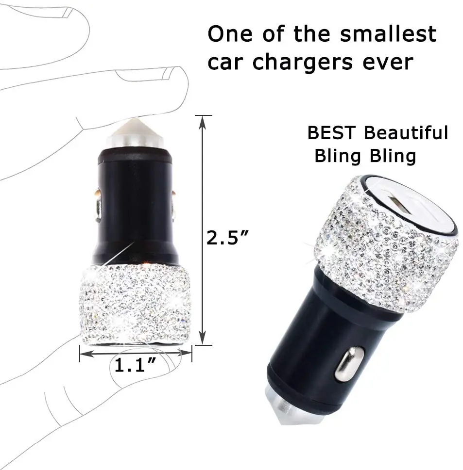 Dual USB Car Charger Diamond-mounted Bling Bling Handmade Rhinestones Crystal Car Decorations for Fast Charging Car Decors