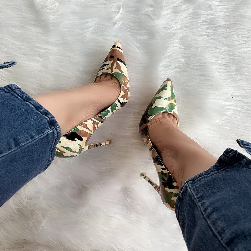 Green Brown Camouflage Patent Leather Pumps Thin Heels Party Shoes Pointed Toe Slip- On Stilettos Banquet Mixed Color High Heel