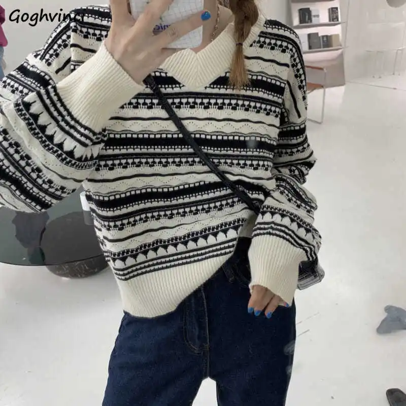 

Patchwork Pullovers Women V-neck Vintage Chic Students Autumn Knitwear Loose Long Sleeve Warm Soft New Sweaters Teens All-match