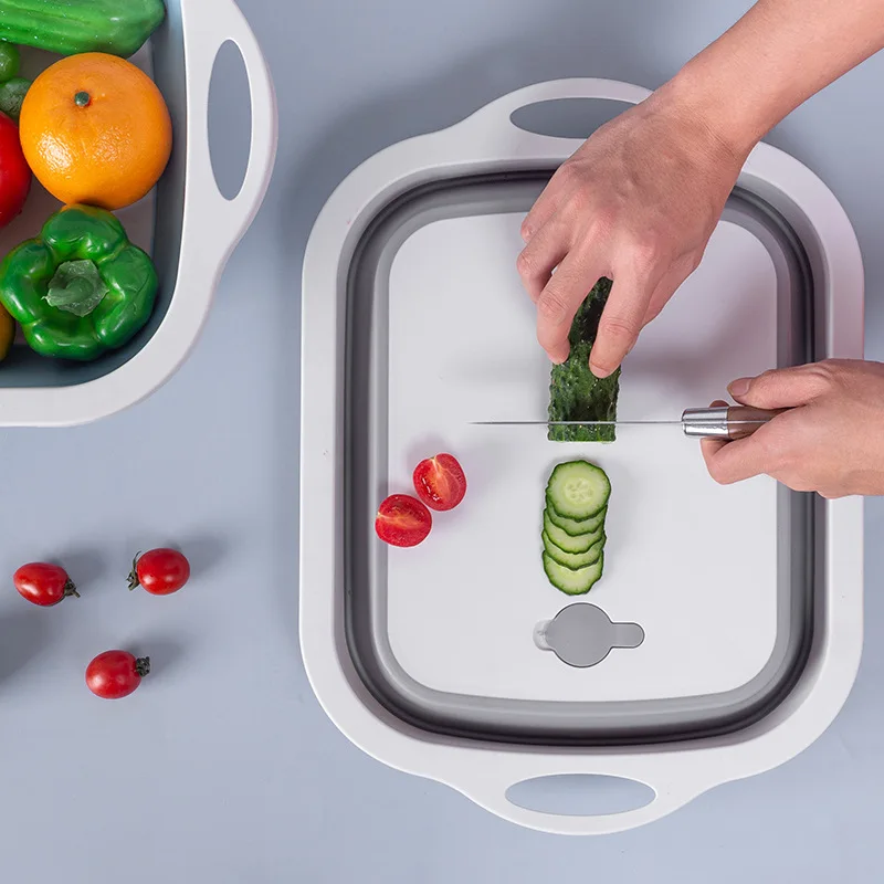 

Foldable Cutting Board Fruit Washing Basket With Draining Plug Multifunction Kitchen Silicone Collapsible Chopping Block Board