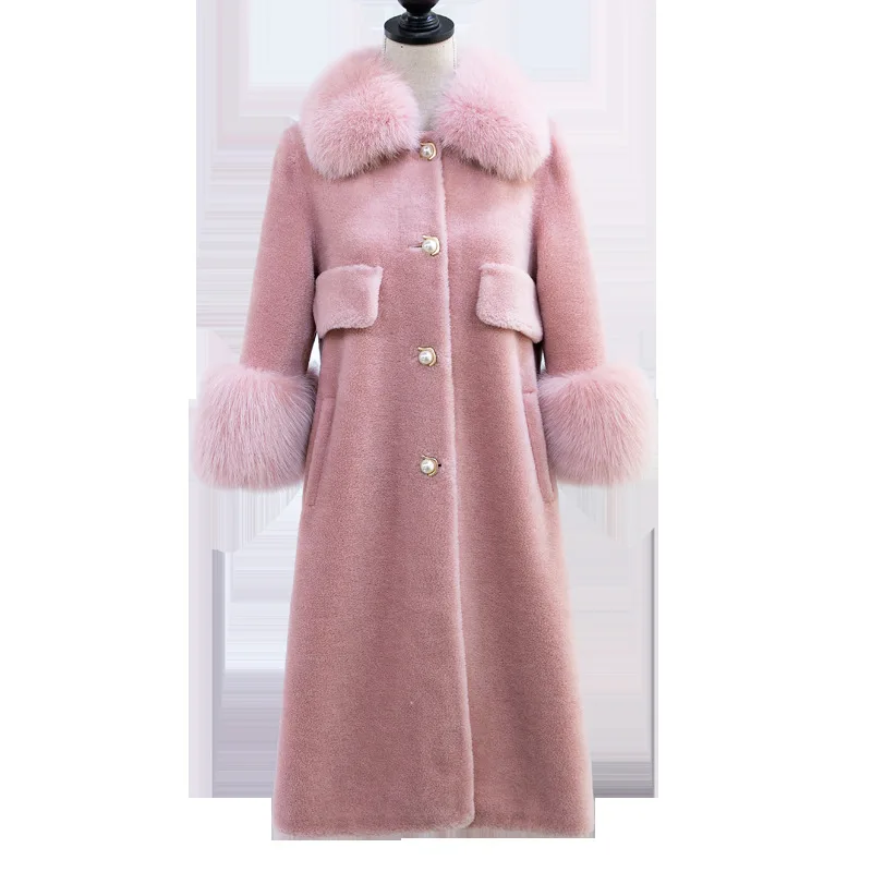 Manteau de tonte de mouton pour femme, veste longue et chaude en vraie fourrure de renard et d'agneau, 2020, LWL1175