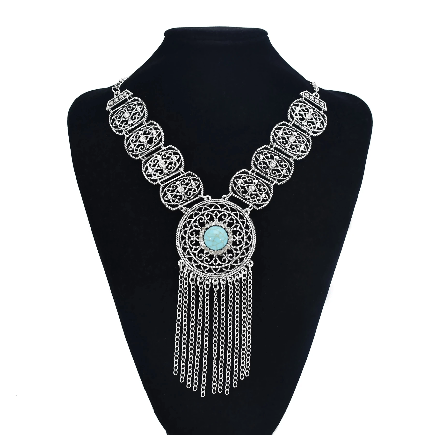 Gypsy Red Blue Stone Vintage Long Tassel Necklaces for Women Boho Turkish Tribal Afghan Hollow Flower Necklace Party Jewelry