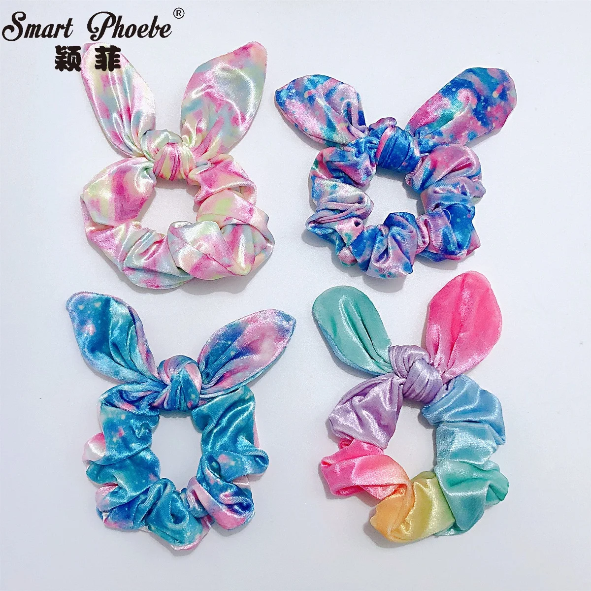 

Boutique 30pcs Fashion Tie-Dyed Scrunchies Pastel Velvet Rabbit Ears Twists Ponytail Holder Elastic Hair Bands Easter Headwear