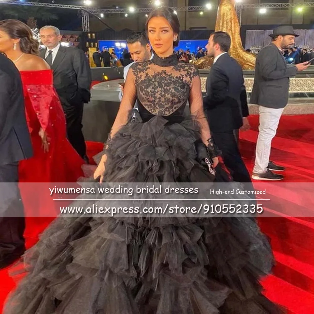 Luxury Arabic Dubai Tiered Ruffles Ball Gown Black Tulle Formal Evening Dress Plus Size High Neck Long Sleeves Prom Dresses