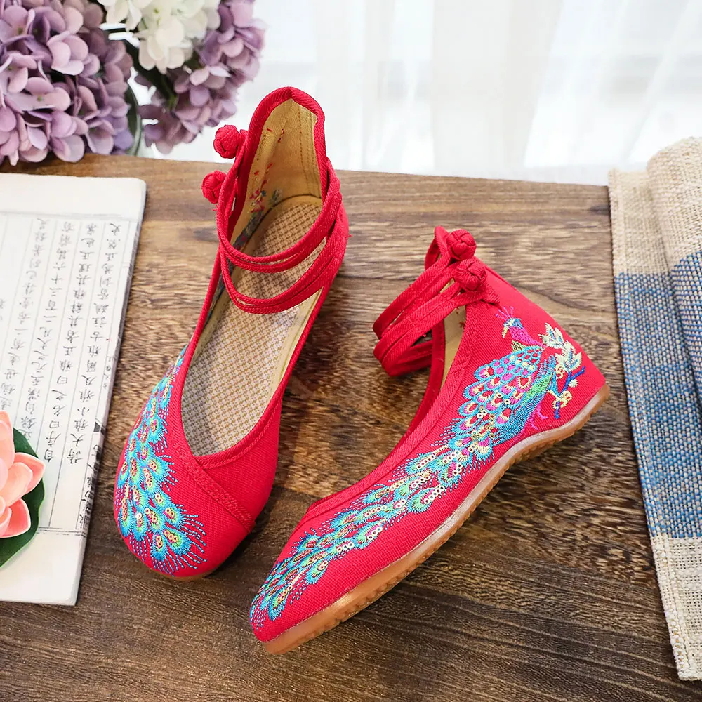 Veowalk Glitter Sequins Peacock Embroidery Women Canvas Ballet Flats Ladies Casual Walking Shoes Chinese Style Cotton Ballerinas