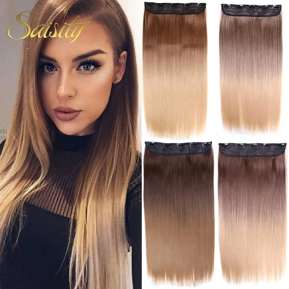 Saisity 22inches Stretched Straight Clip in Synthetic Hair Extensions Heat Resistant Fiber 5 Clips one Piece 8 Colors Available