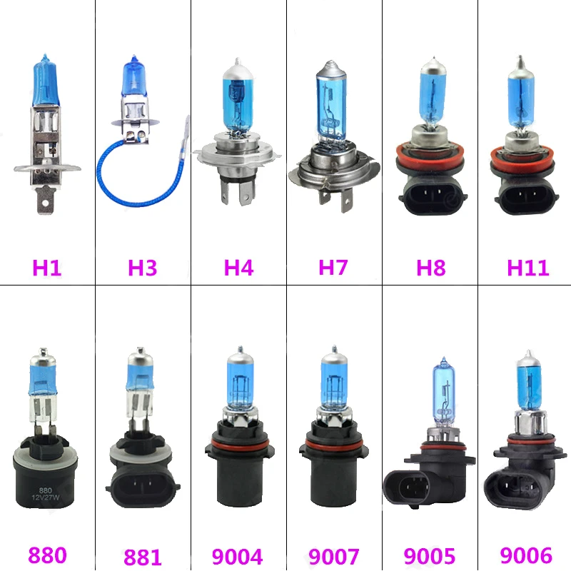 2pcs H7 H1 H3 H4 55W 12V 6000K Halogen Bulb Headlight Blue Housing White Light Quartz Glass Lamp Bulbs Automotive Headlights