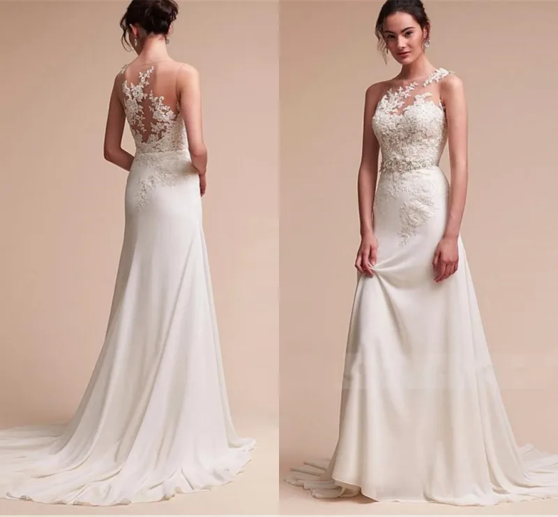 Elegante vestido de noiva sereia Jewel Neck, apliques de renda frisada, Crystal Sash vestidos nupciais, vestido de praia, 2024