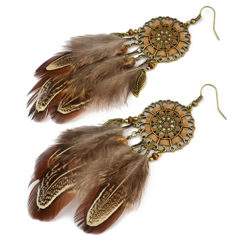 Pendientes de boda de plumas marrones con borla larga para mujer, Pendientes colgantes de cuentas de madera Vintage bohemios, joyería India