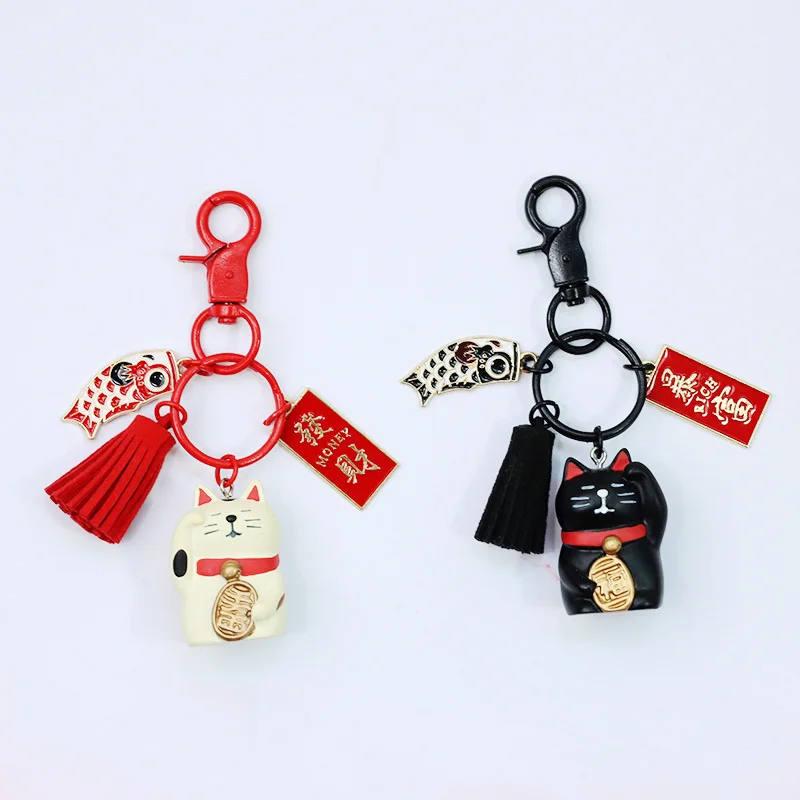 2023 Cute Chubby Resin Maneki Neko Rich Lucky Cat Keychain Fortune Tassel Key Ring Car For Women Bag Pendent Charms