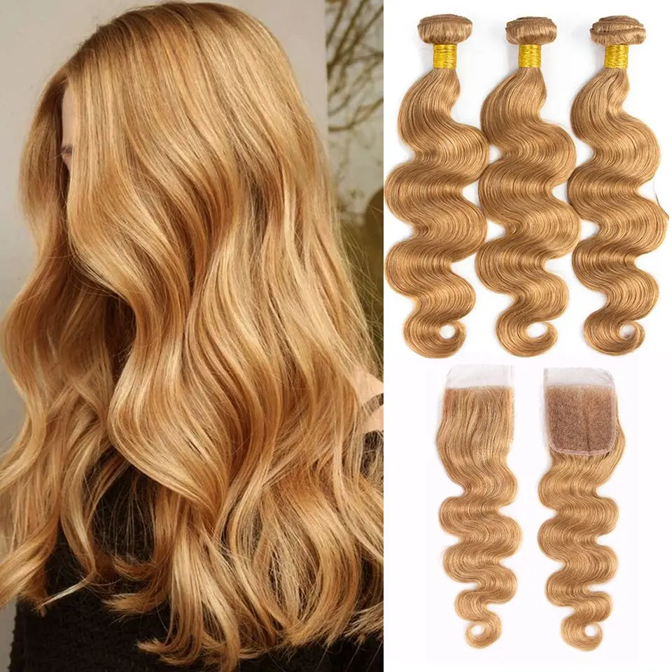 Body Wave Human Hair Bundles With Closure Malaysia 3 Hair Bundles With Honey Blond Lace Closure Swiss Lace Remy Hair Extensions