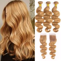 Body Wave Human Hair Bundles With Closure Malaysia 3 Hair Bundles With Honey Blond Lace Closure Swiss Lace Remy Hair Extensions