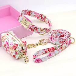 Flower Dog Collar Leash Set Custom Small Medium Large Dog Pet Collars Floral Print Nylon Dog Collars with Treat Bag Snack Bag