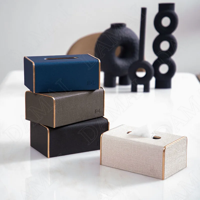 Simplicity Leather Tissue Box Golden Stroke Decorative Hotel Front Desk Paper Boxes Modern Dining Room Desktop Napkin Organizer