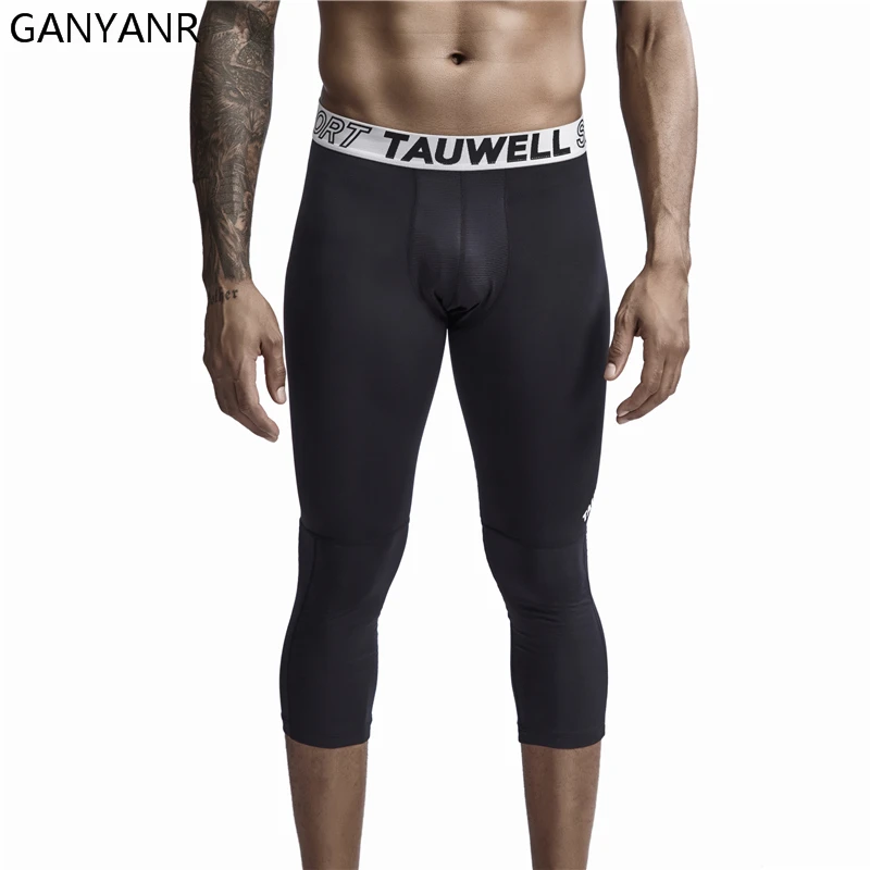 GANYANR Men Compression Pants Running Tights Gym Leggings Basketball Sports Fitness Sexy 3/4 Length Training Soccer Workout