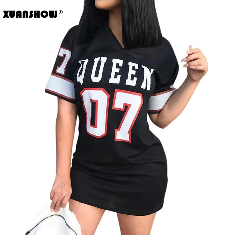 XUANSHOW 2024 Summer Dress Women New Casual Loose Cotton Linen Sexy Short Sleeve V-neck Letters Bodycon Dress Vestidos