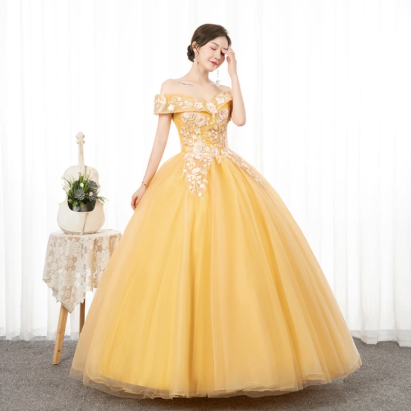 

luxury yellow slash collar embroidery princess fairy ball gown opera medieval Renaissance Victoria dress ball gown