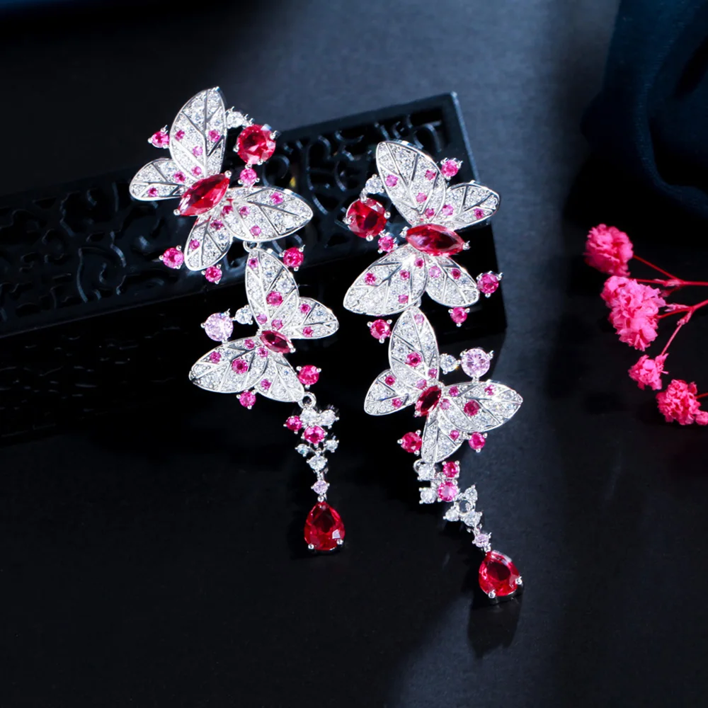 Pera Charming Butterfly Shape Hot Pink Cubic Zirconia Silver Color Long Dangle Earrings for Women Dancing Dress Jewelry E855