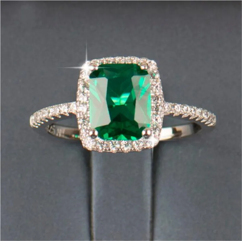 Real s925 Sterling Silver Wedding Rings for Women Princess-cut 5a CZ Green gemstone Ring Engagement Simulated Platinum Jewelry