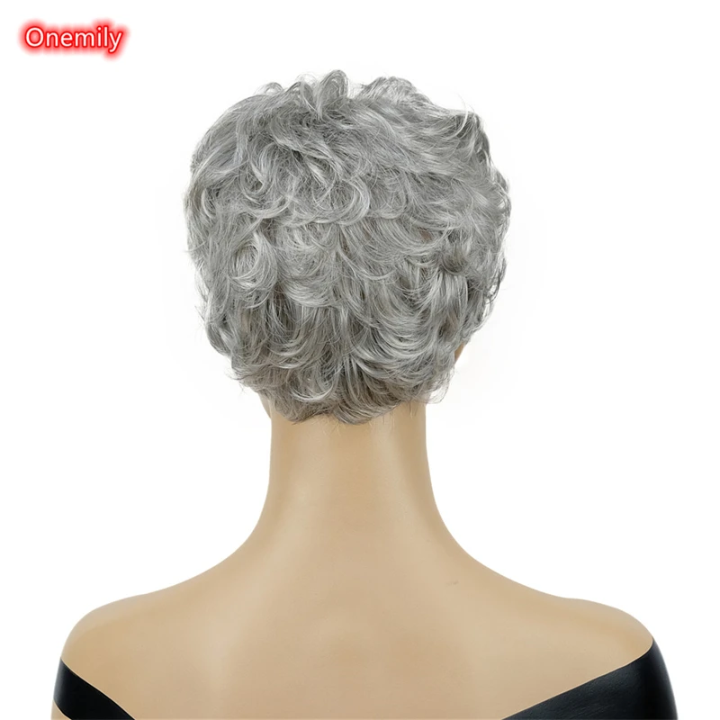 Onemily-Peluca de cabello Natural sintético para mujer, pelo ondulado corto con flequillo, color gris