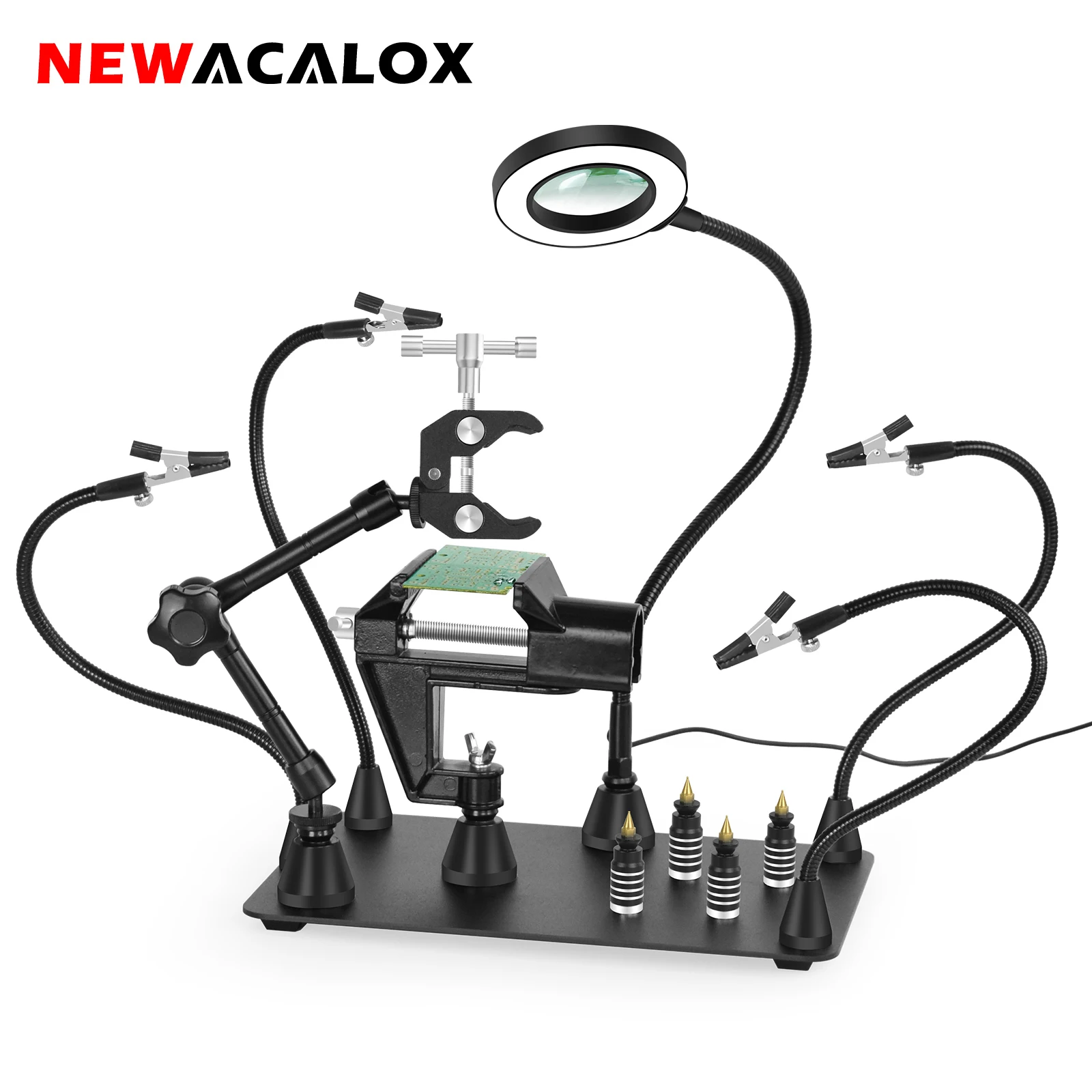 NEWACALOX Magnetic 360° Rotating Circuit Board Holder Soldering Helping Hands Hot Air Gun Frame 3X LED Welding Magnifier Lamp