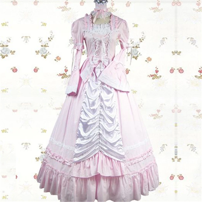 Lolita Victorianบอลสีชมพูและสีขาวยาวชุดเจ้าหญิงฮาโลวีนเครื่องแต่งกายH