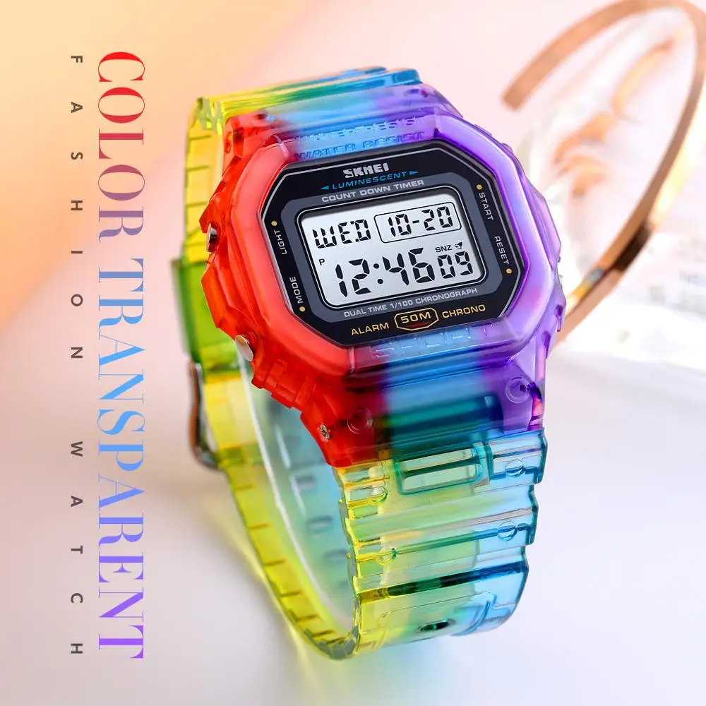 SKMEI-reloj de pulsera Digital para mujer, pulsera transparente con funda galvanizada, a prueba de golpes, a la moda