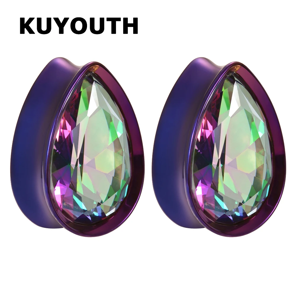 KUYOUTH High Quality Stainless Steel Water Drop Zircon Ear Piercing Tunnels Expanders Body Jewelry Earring Plugs Stretchers 2PCS