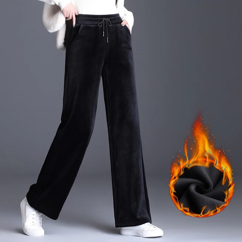 Trouser For Women High Waist Causal Loose Wide Leg Pants Female 2021 Winter Warm Thick Double Velvet Korean Fashion Elegant Tide