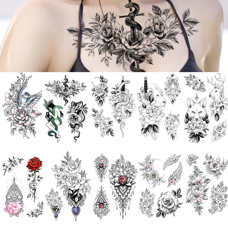 10Pcs/Lot Beauty Black Flower Snake Feather Waterproof Temporary Tattoo Women Cool Body Art Sleeve DIY Glitter Arm Exotic